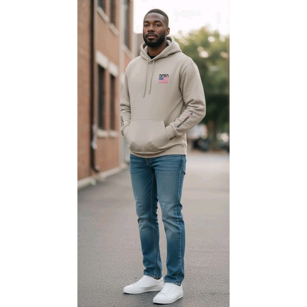 NASA Hoodie Sweatshirt Men SZ M Space Program Logo Tan American Flag Streetwear